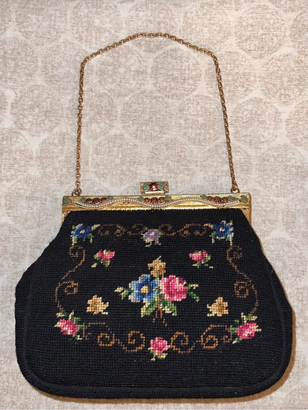 Pettipoint Purse with Kisslock Change Purse and Mirror (Vintage & Spectacular!)